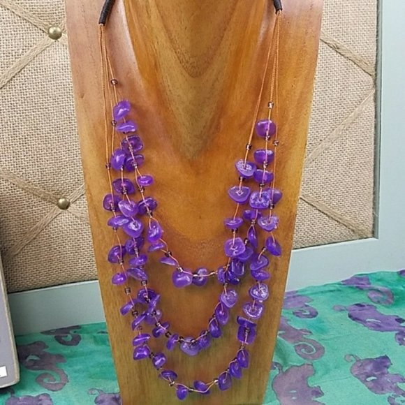 Purple Tiered Statement Necklace Layered Beads Preppy Boho Vacation Colorful - Picture 5 of 5